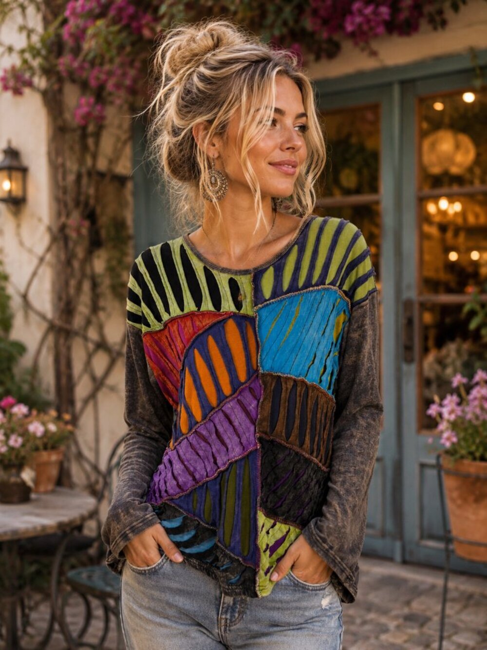 Rising International XL Handcrafted Patchwork Cutout Boho Top |100% Cotton Nepal